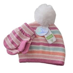 Striped Pink and White Kids Beanie and Mittens Set